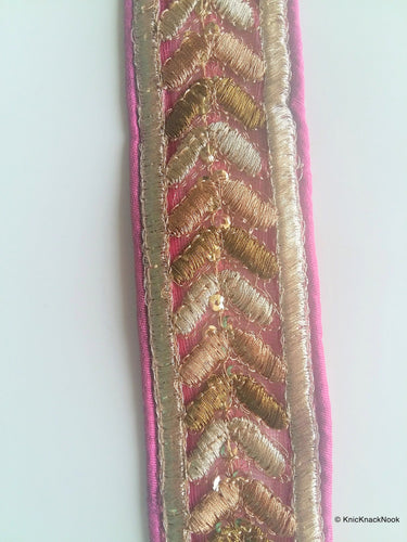 Wholesale Pink Silk Fabric Trim With Gold Embroidery, Herringbone Trim, Indian